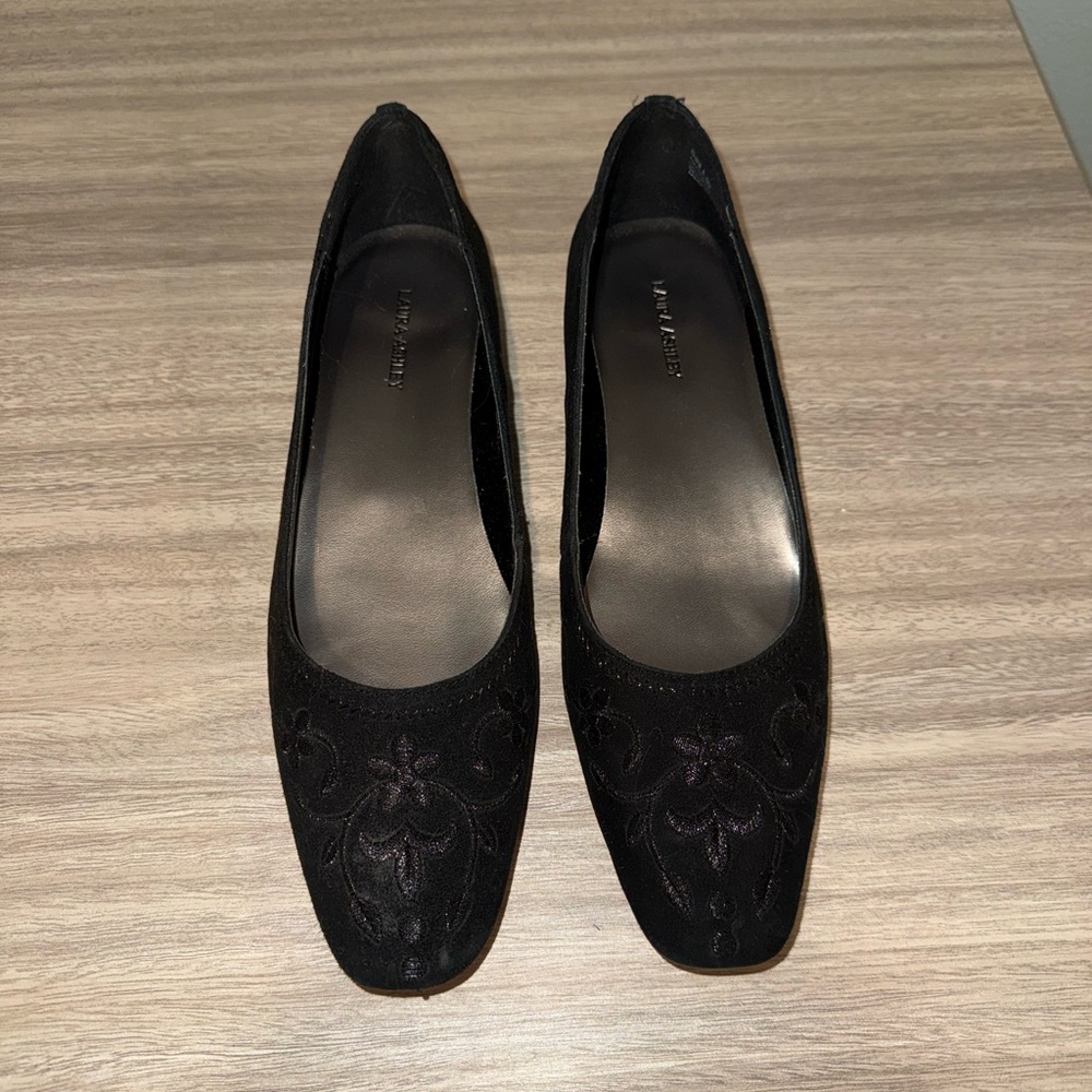 Stuart Weitzman Black Suede Embroidered Ballet Flats